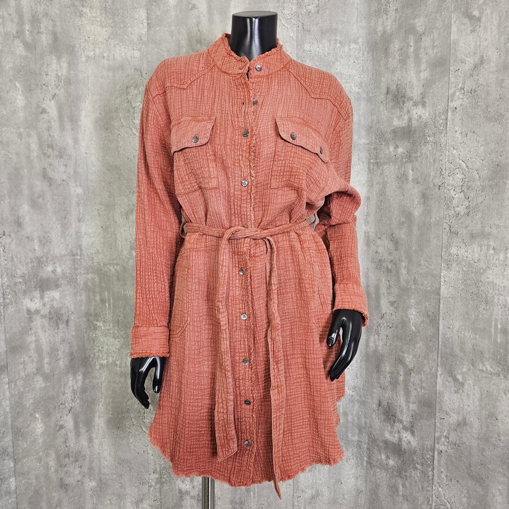 Ivy Jane Terracotta Rust Cotton Gauze Western Shirt Dress Frayed Trim Belted L